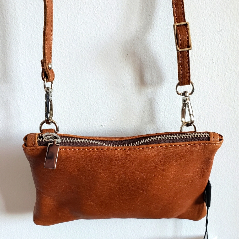 Maxon Italian Leather Crossbody Carmel Mini Purse Chrome Hardware Women NWT